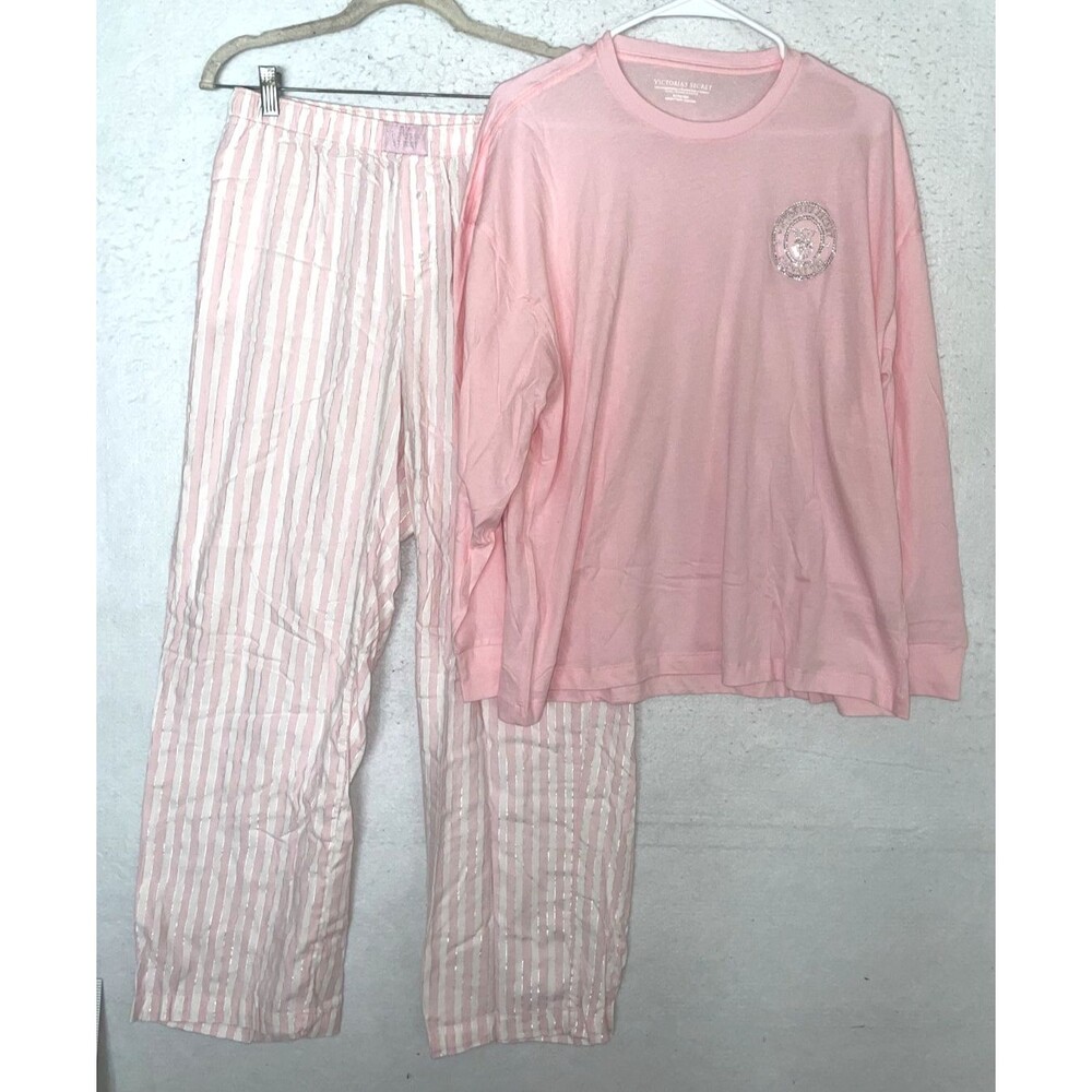 Victoria Secret Pajama Set Size M Pink iconic striped Bling logo long sleeve 2pc